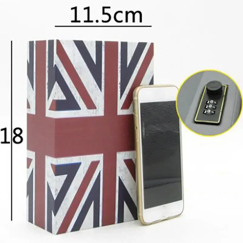 A rectangular hidden book safe featuring a Union Jack design, shown next to a smartphone and a combination lock.