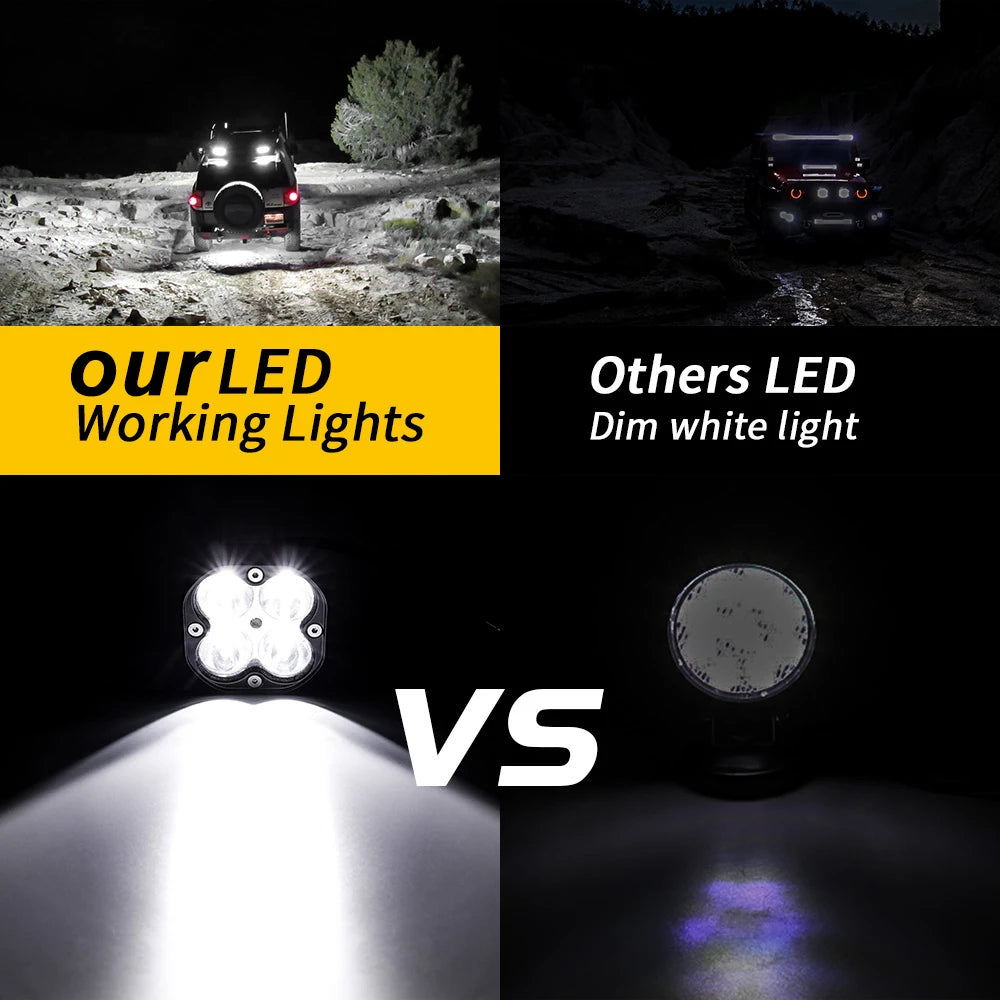 Comparison of LED working lights versus dim white light, showing beam intensity.