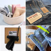 A set of knitted fabric scraps and a black mini handheld stitch gun mockup on denim fabric.