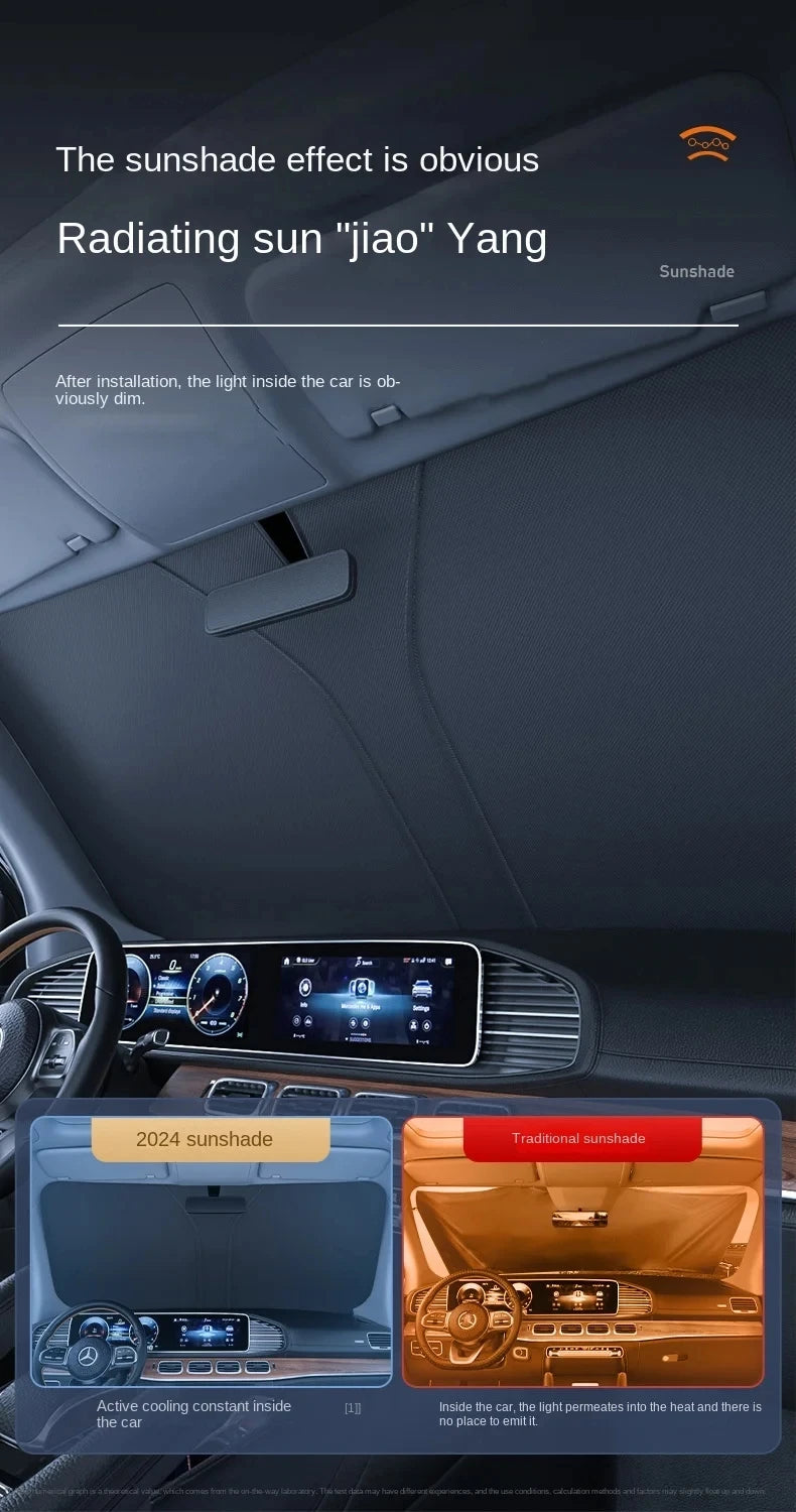 Interior view of a car showing the sunshade effect on the windshield and dashboard.