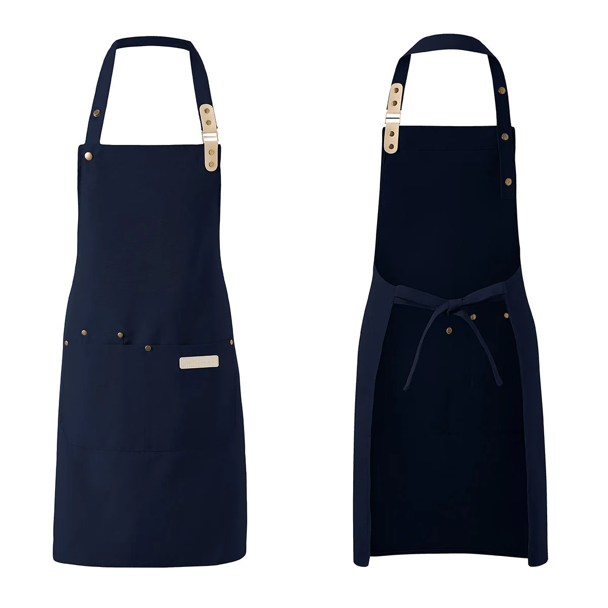 Navy waterproof canvas chef apron with brass hardware