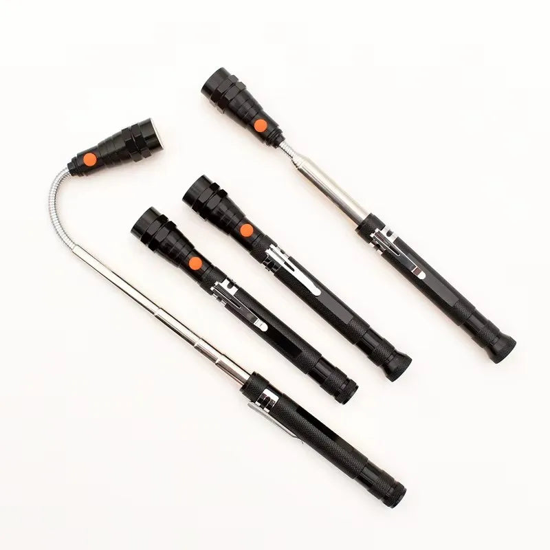 A magnetic LED pick-up flashlight with a flexible head and black and orange accents.