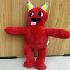 A red plush toy of an Opila Bird character with yellow and white horns.