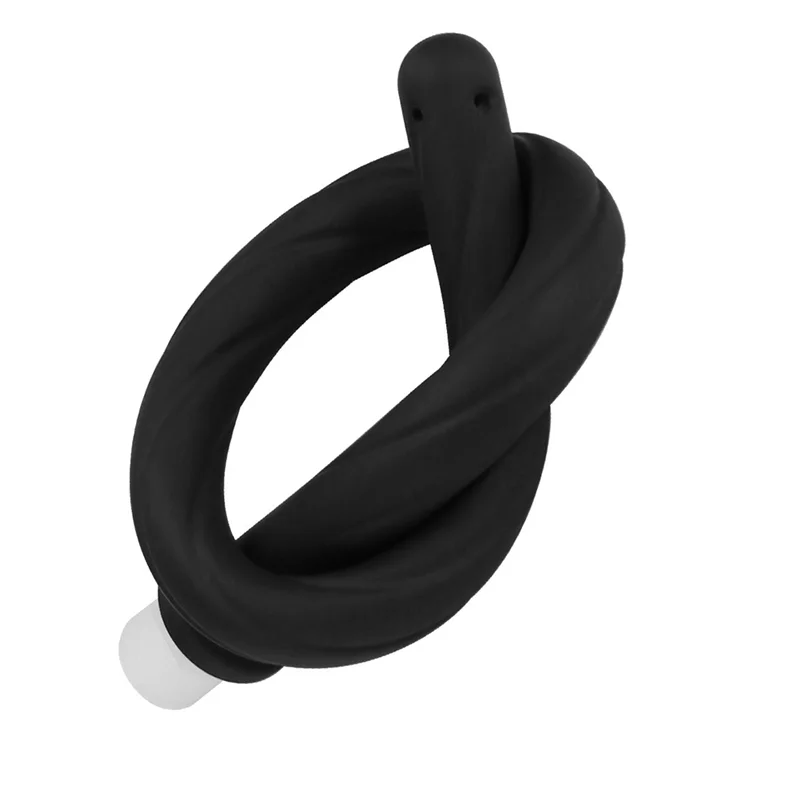 Black silicone handheld bidet sprayer coiled and attached to a white base.