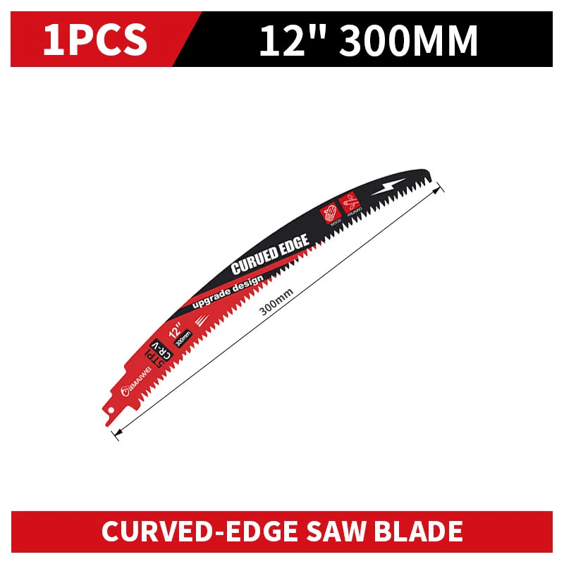 A curved-edge saw blade with a 12 inch 300mm size shown for wood pruning.