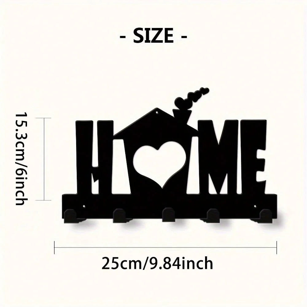 Black rustic iron wall hooks shaped like a house and heart for home organization