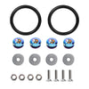A set of black aluminum quick release bumper fasteners including rings and screws.