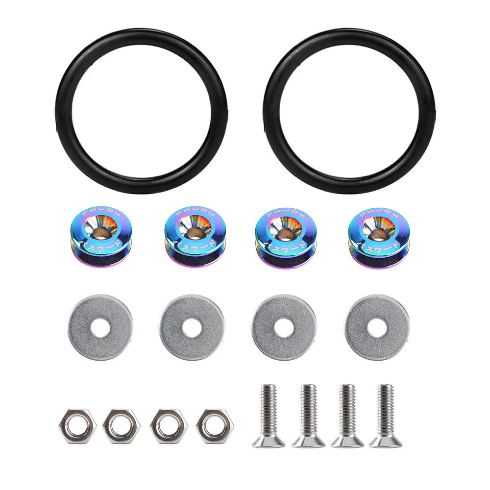 A set of black aluminum quick release bumper fasteners including rings and screws.