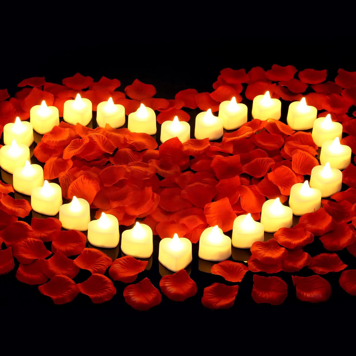 Heart-Shaped LED Tea Lights with Silk Rose Petals