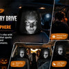 A set of two Ghost Face headrest covers installed in a car, showing various driving scenarios.