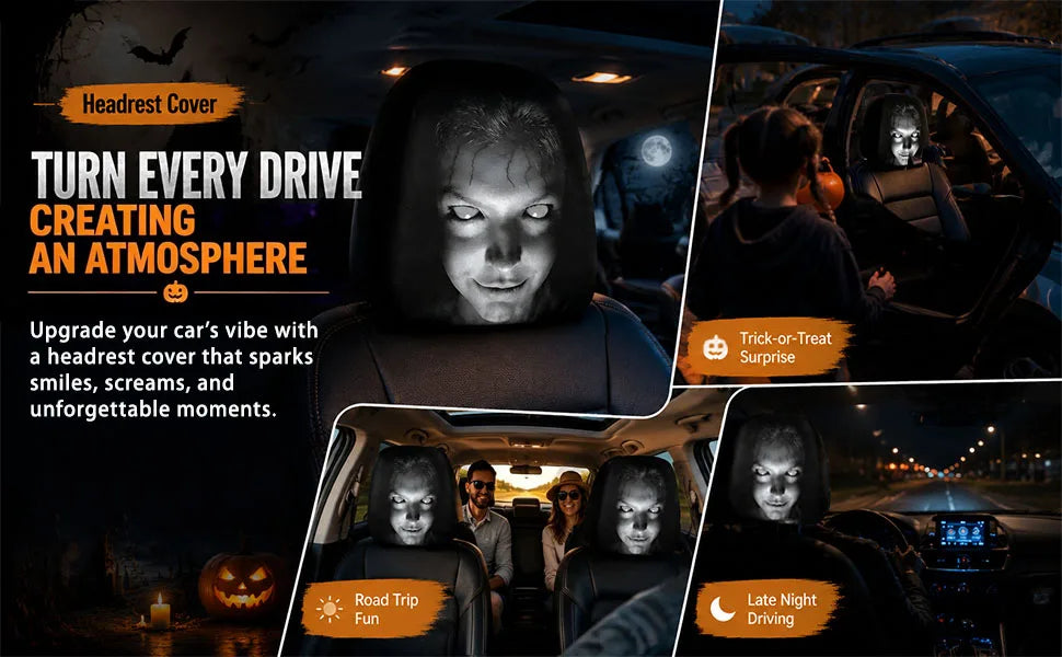 A set of two Ghost Face headrest covers installed in a car, showing various driving scenarios.