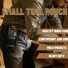 A person wearing jeans is holding a small tool pouch with an orange tool visible on a belt holster.