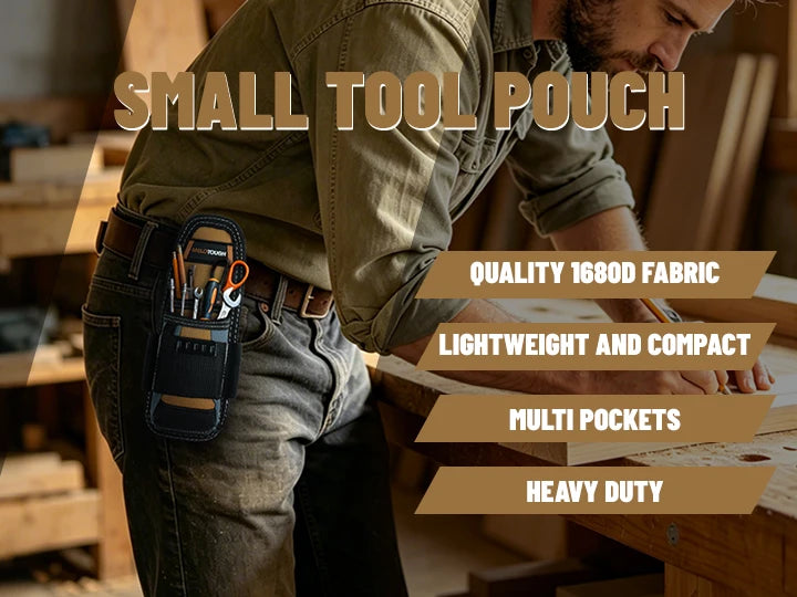 A person wearing jeans is holding a small tool pouch with an orange tool visible on a belt holster.