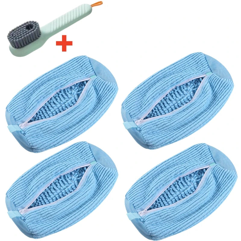 A light blue shoe washing machine bag with a soft bristled cleaning brush set.