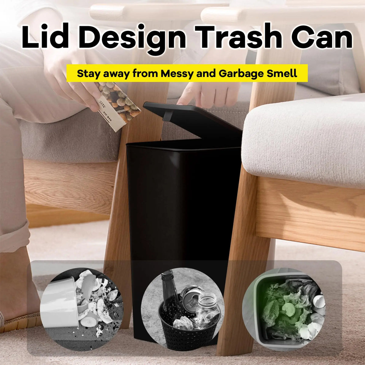 دلو قمامة بغطاء أسود بجوار كرسي خشبي، مع مواد مهملة مرئية في دوائر مصغرة.