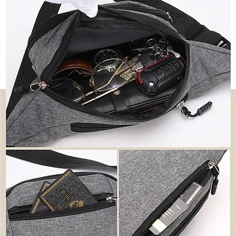 A gray canvas waist pack with multiple zippered pockets and leather accessories inside.