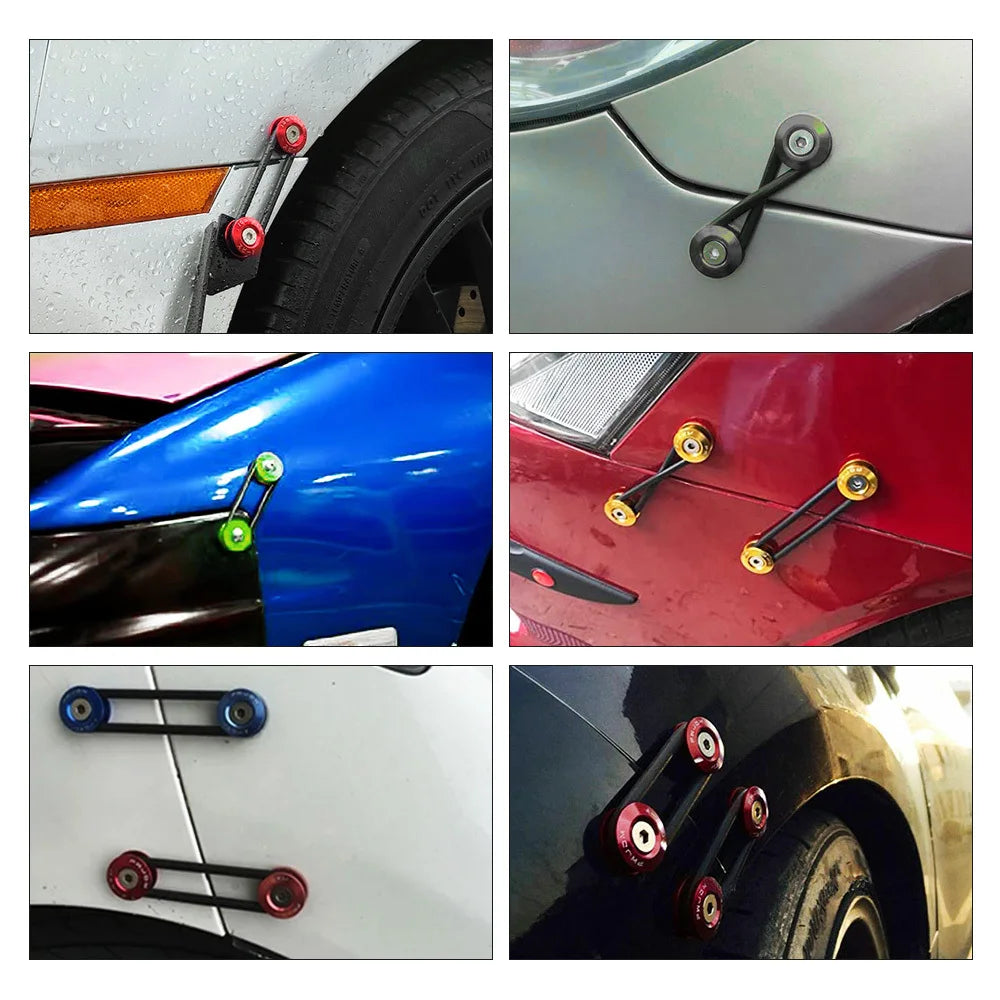 Various aluminum quick release fasteners used for securing bumpers and body panels on a car.