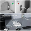 A power strip with multiple outlets and USB ports is shown plugged into a laptop, phone, and other devices.