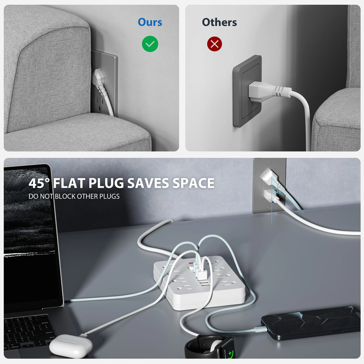 A black power strip with multiple outlets and USB ports is shown plugged into a laptop, phone, and other devices.