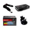 A black DVR dash cam device with a cable and a separate radar detector component.