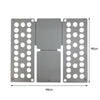 A gray portable clothes folding board with multiple circular holes for hanging laundry.