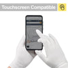 A hand wearing a white nitrile disposable glove is touching a touchscreen smartphone displaying an Amazon search page.