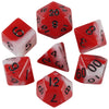 A set of seven polyhedral dice in red and white colors shown from various angles.