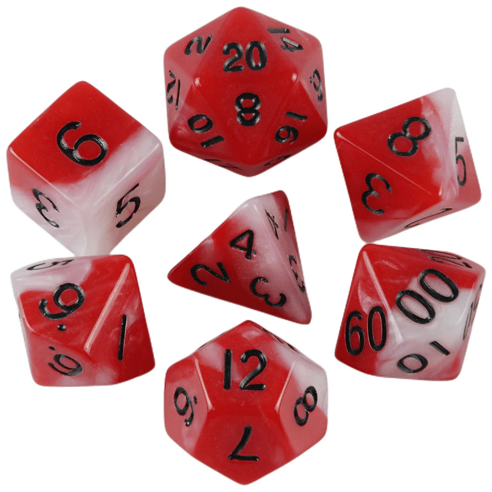 A set of seven polyhedral dice in red and white colors shown from various angles.