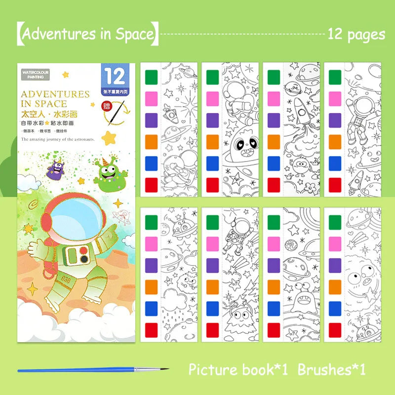 A picture book titled Adventures in Space with 12 pages featuring space-themed illustrations and watercolor painting activiti