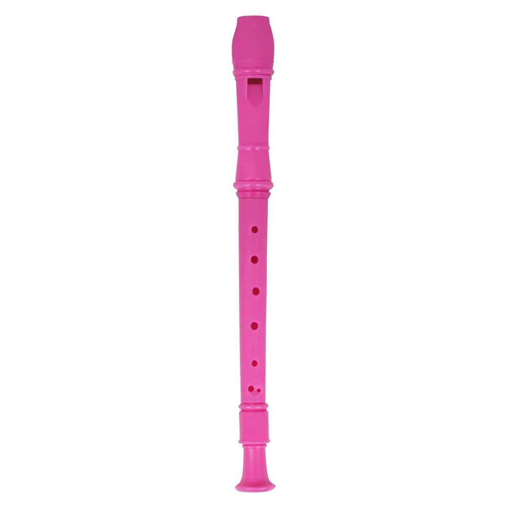 A pink 8-hole soprano recorder with a cleaning rod.