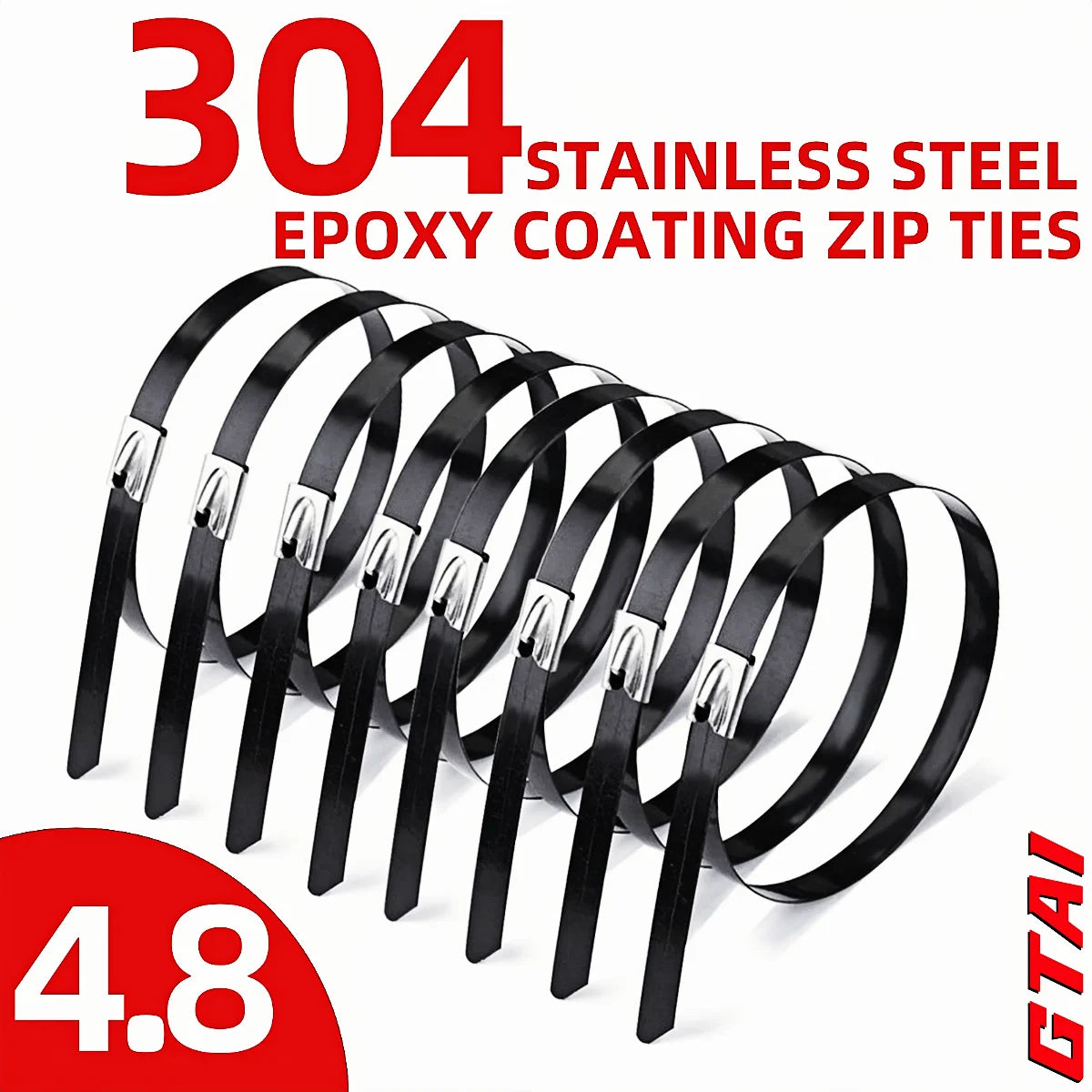 A set of 304 stainless steel epoxy coating zip ties shown in a coiled arrangement.
