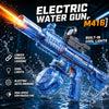 A blue electric water gun M416 is shown firing a stream of water in a dynamic action shot.
