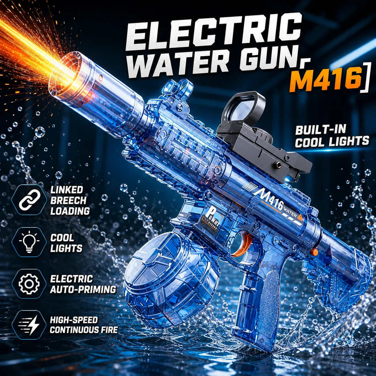 A blue electric water gun M416 is shown firing a stream of water in a dynamic action shot.