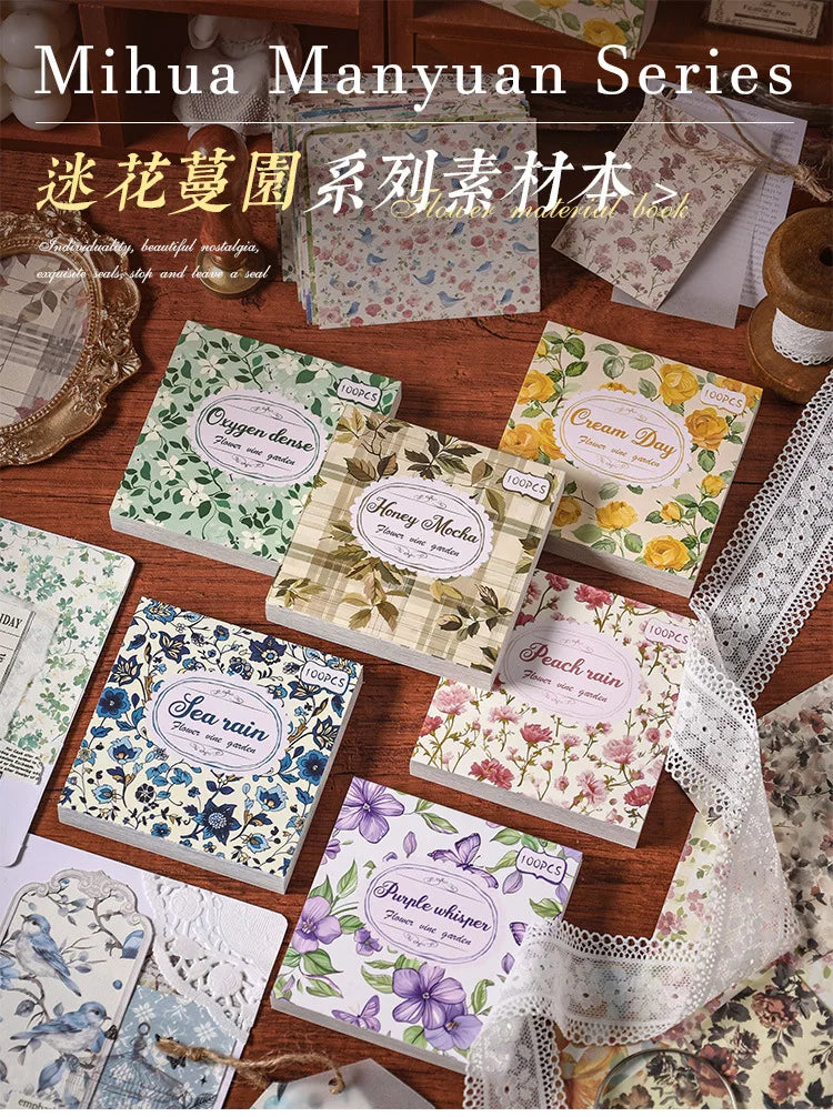 A collection of vintage floral scrapbook paper sheets in various colors and patterns for journaling and crafts.
