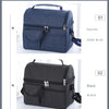 A navy blue insulated lunch bag with a zippered compartment and a pocket, shown in two color options.