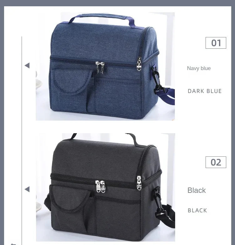 A navy blue insulated lunch bag with a zippered compartment and a pocket, shown in two color options.