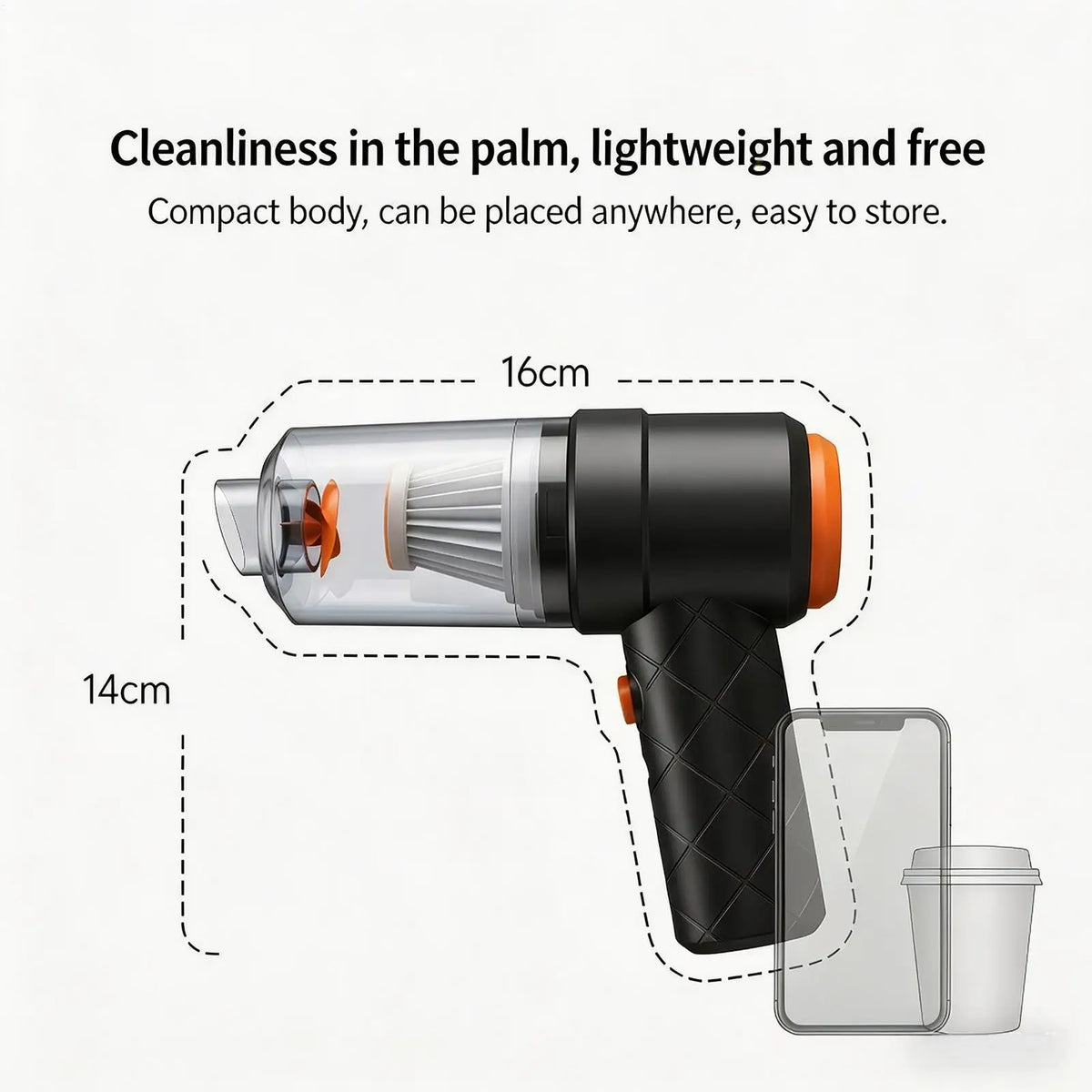 A black cordless handheld car vacuum cleaner with an orange accent, shown next to a measurement guide.