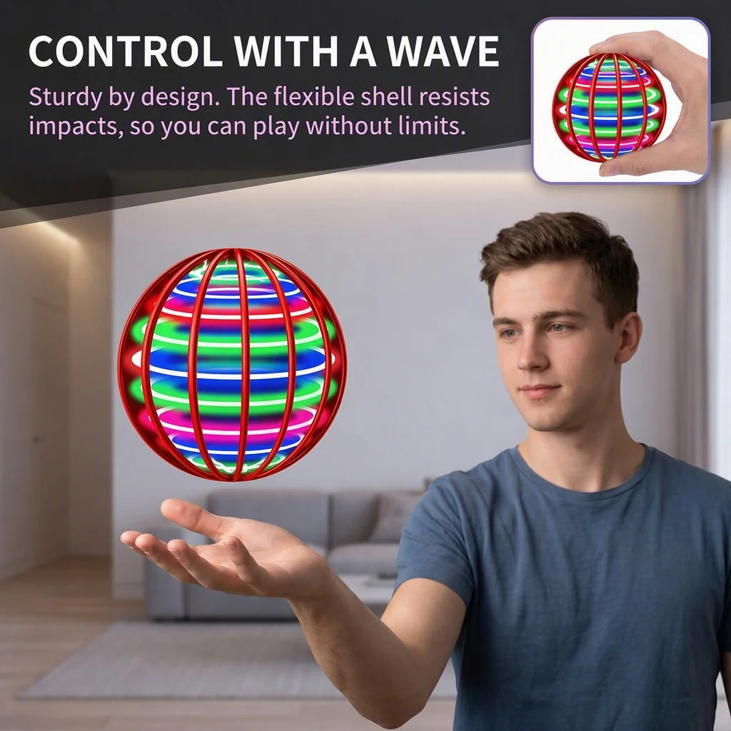 A hand holds a glowing, flexible sphere with multiple colored bands, demonstrating its resilience and playability.