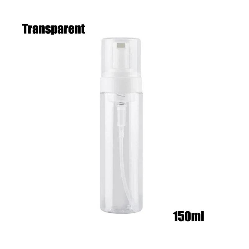 A clear, transparent refillable foaming soap dispenser bottle with a white pump top and 150ml volume.