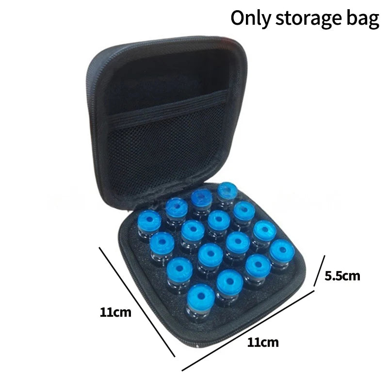 An open black storage bag containing multiple small blue vials for storing insulin or peptide.