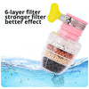 A yellow and pink multi-layer water filter is shown spraying water into a clear glass of blue liquid.
