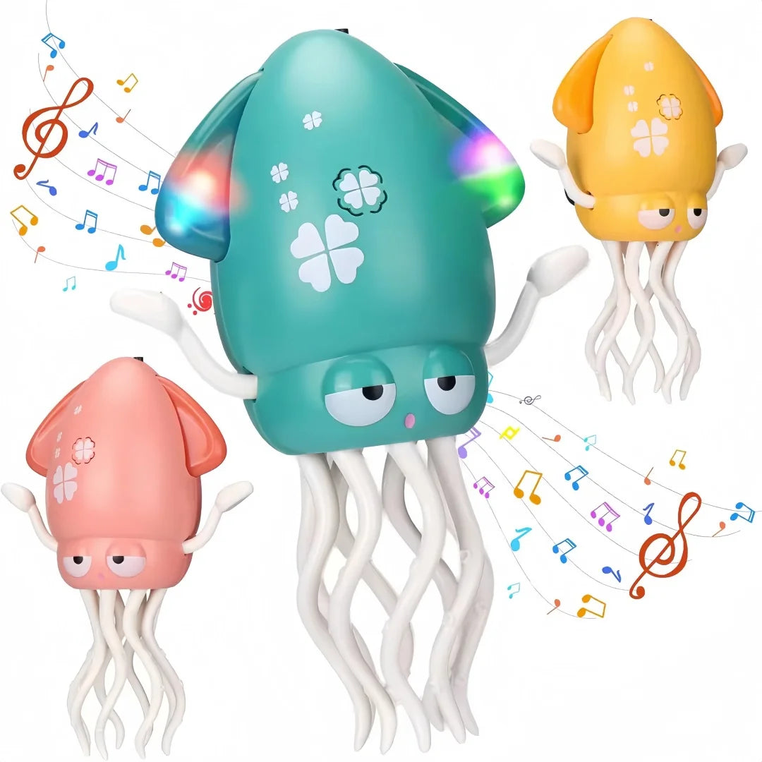 A set of three interactive musical dancing toys featuring light shows and musical notes.