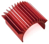 A close-up view of a red, finned receiver parts kit for a high-speed 1/16 4WD RC car.
