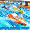 Orange stunt remote control speedboat speeding through blue water with white foam spray