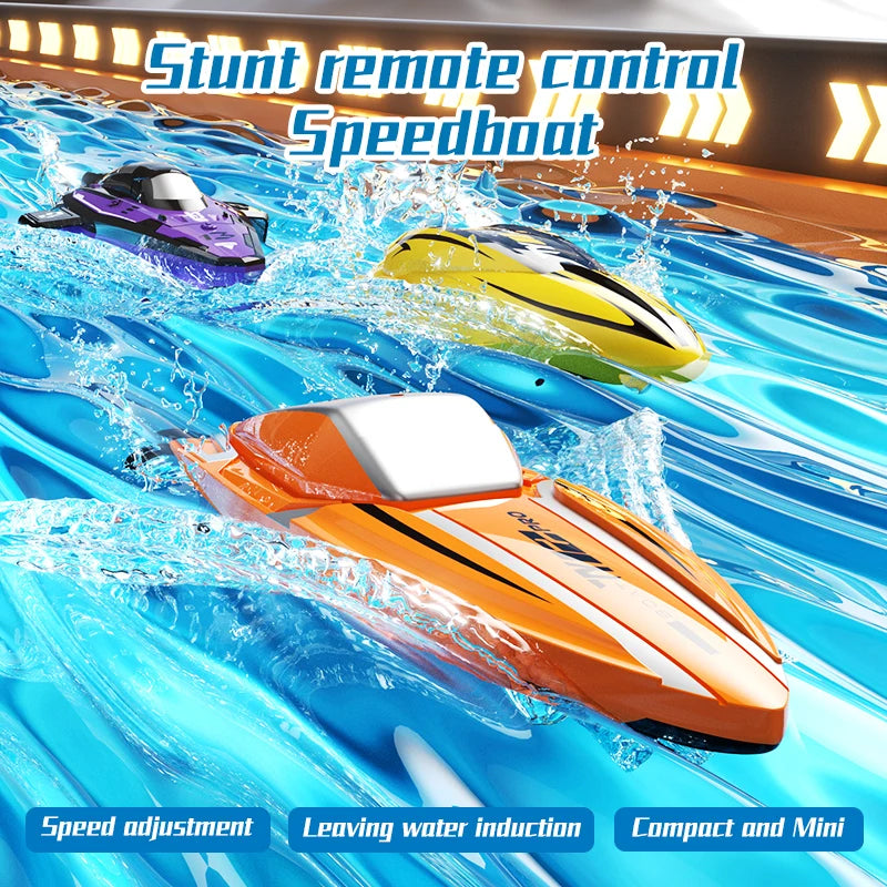 Orange stunt remote control speedboat speeding through blue water with white foam spray