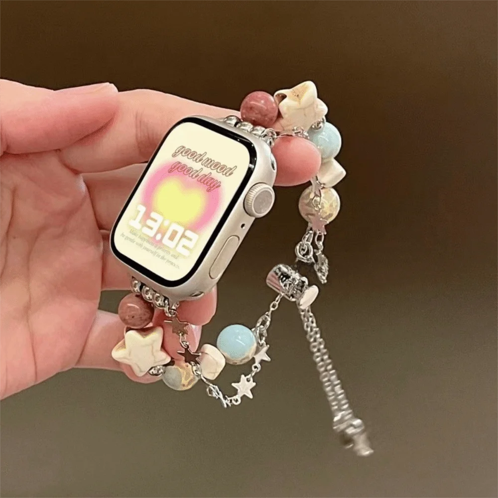 Crystal Bead Watch Strap with Adjustable Metal Link Design