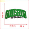 Green chenille iron-on patch embroidered with the text God Is Good all the time