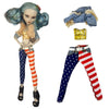 A fashion doll outfit featuring a blue hair doll with a gold top and striped pants.
