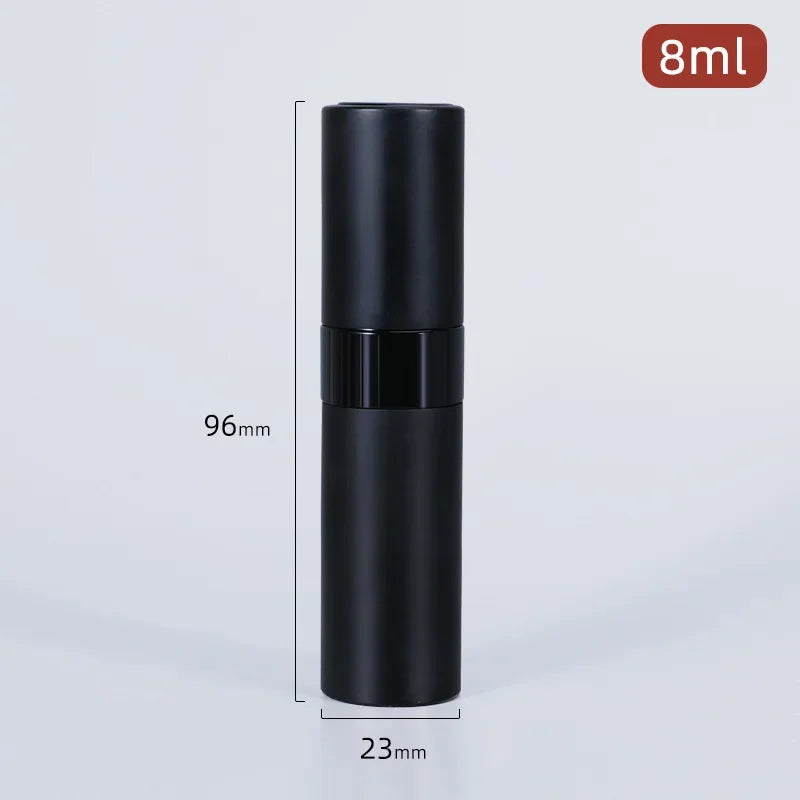 A black refillable aluminum perfume atomizer bottle with a 8ml capacity and a 96mm height.