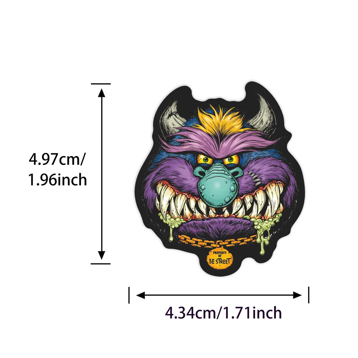 A black sticker featuring a fierce purple and yellow horned skull face with an open mouth.
